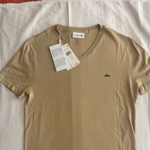 Lacoste Men's V-Neck Tee in Tan with Green Crocodile Logo